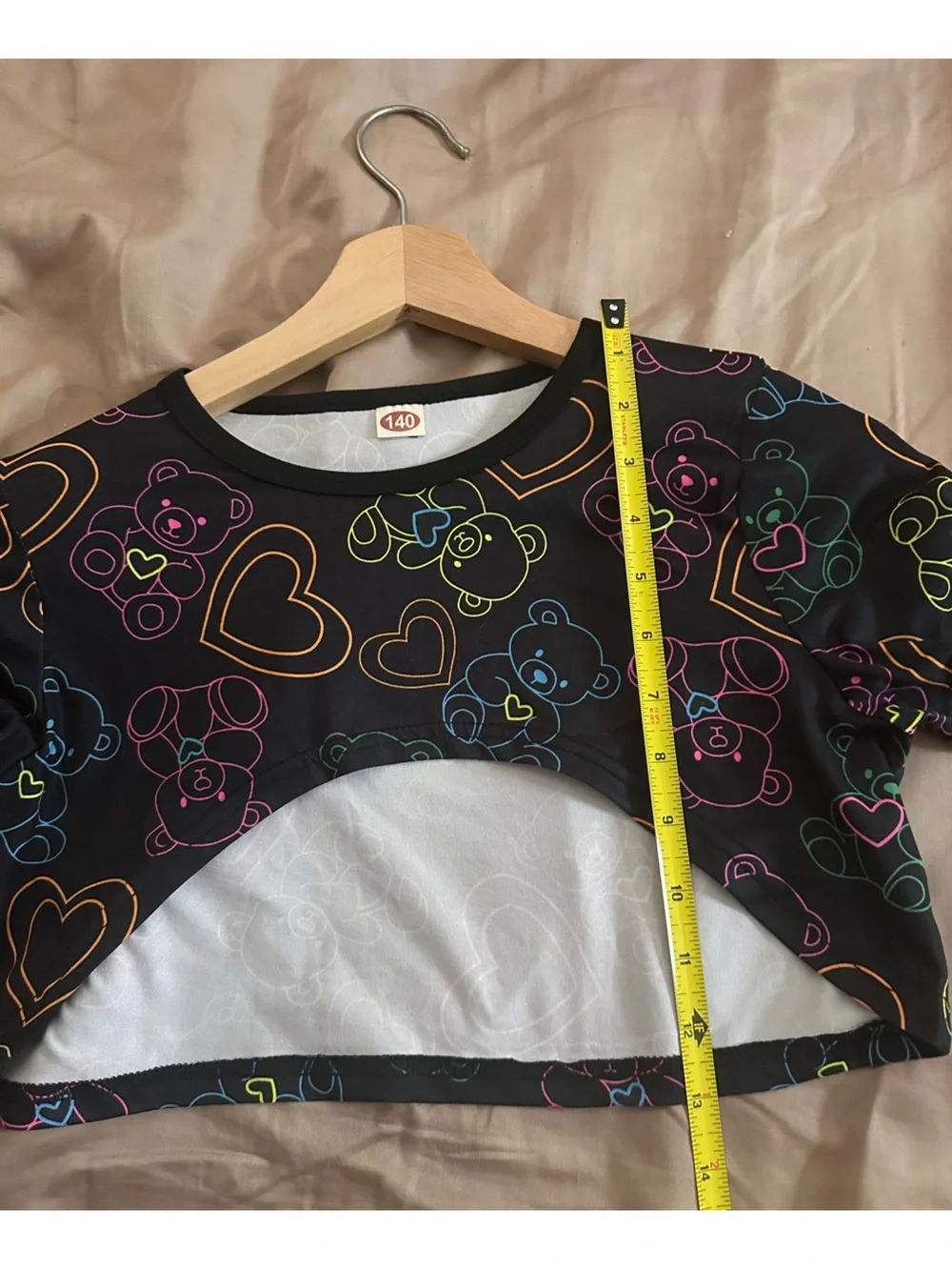 Black Neon Heart & Teddy Bear Print Matching 2pc Cropped Top & Pants Tween Set